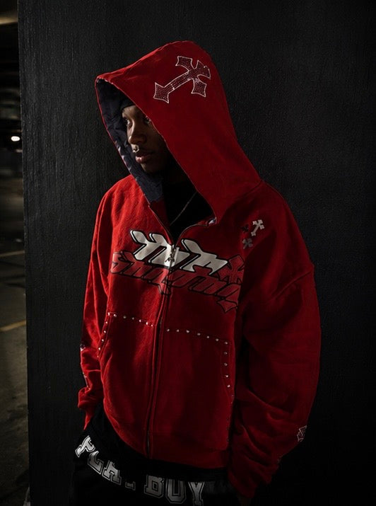 Tooshadha zip-up hoodie (red,white and grey)silk in hood