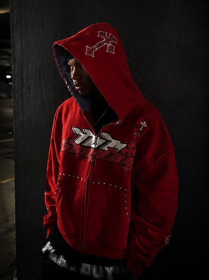 Tooshadha zip-up hoodie (red,white and grey)silk in hood