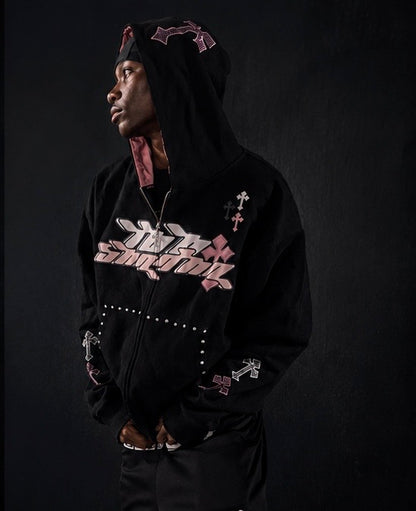 TooShadha original zip-up hoodie (pink an black) silk in hood