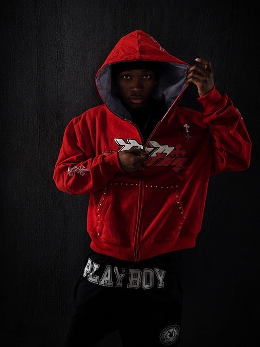 Tooshadha zip-up hoodie (red,white and grey)silk in hood