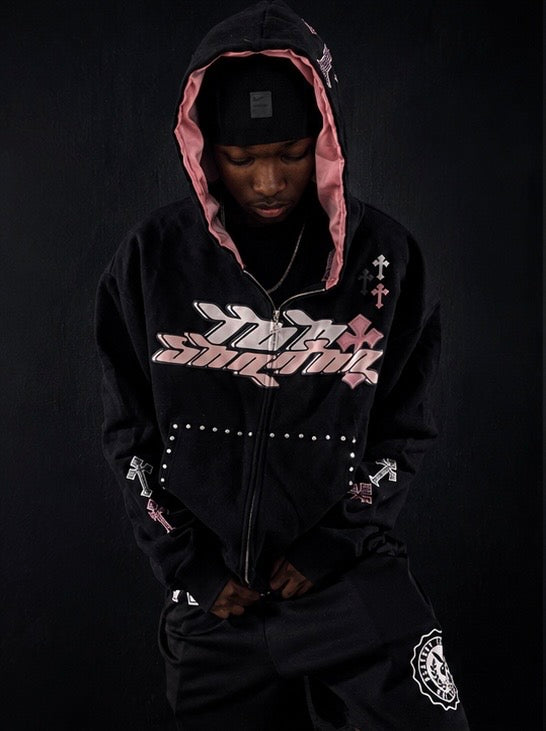 TooShadha original zip-up hoodie (pink an black) silk in hood