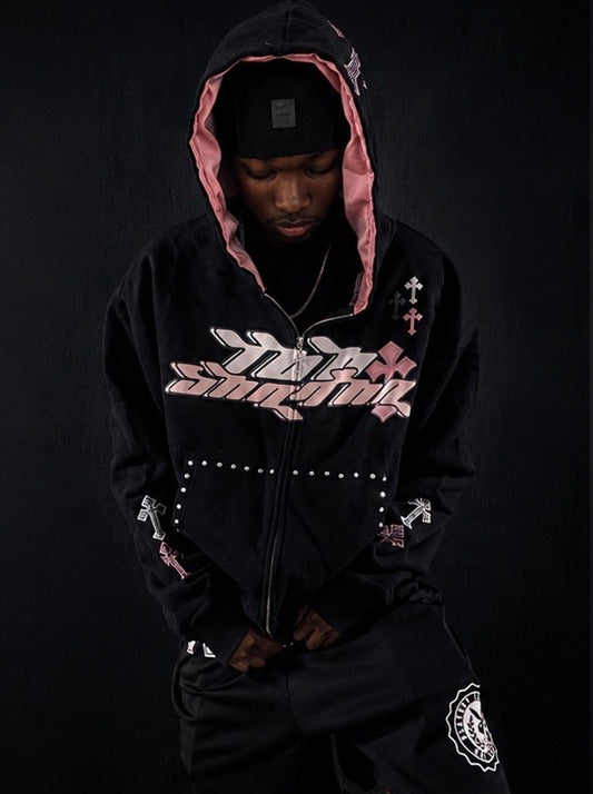 TooShadha original zip-up hoodie (pink an black) silk in hood